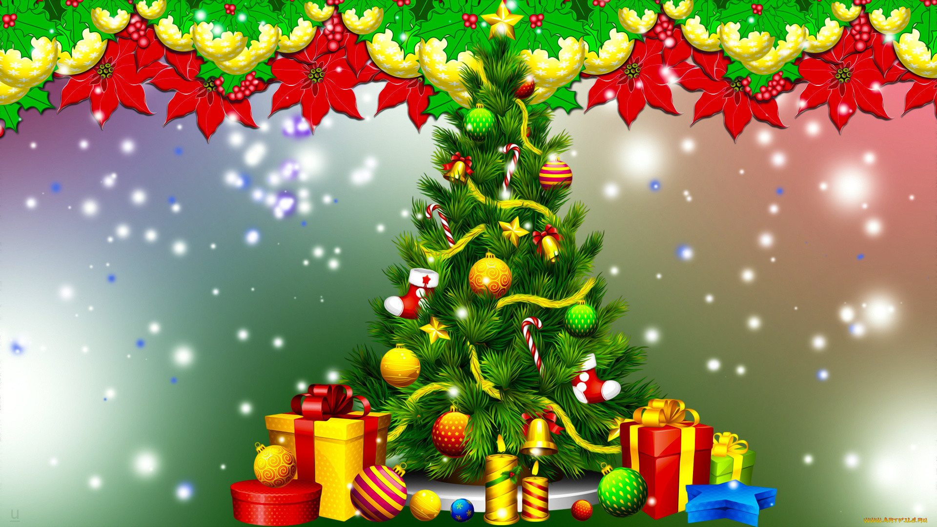 Новогодний фон с елкой и подарками